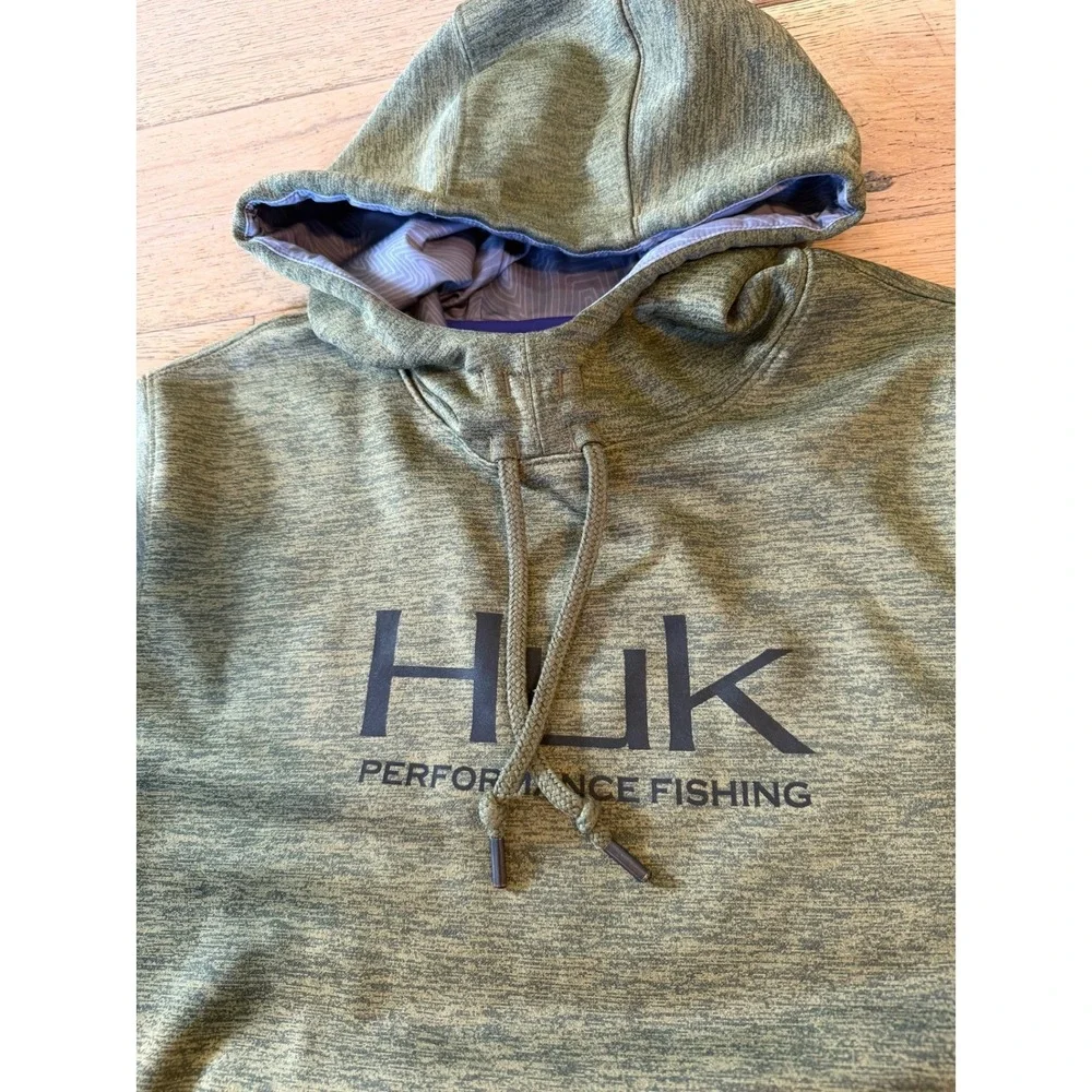 Huk Performance Fishing Hoodie Large Olive Green Pullover Fleece‎ (1786)